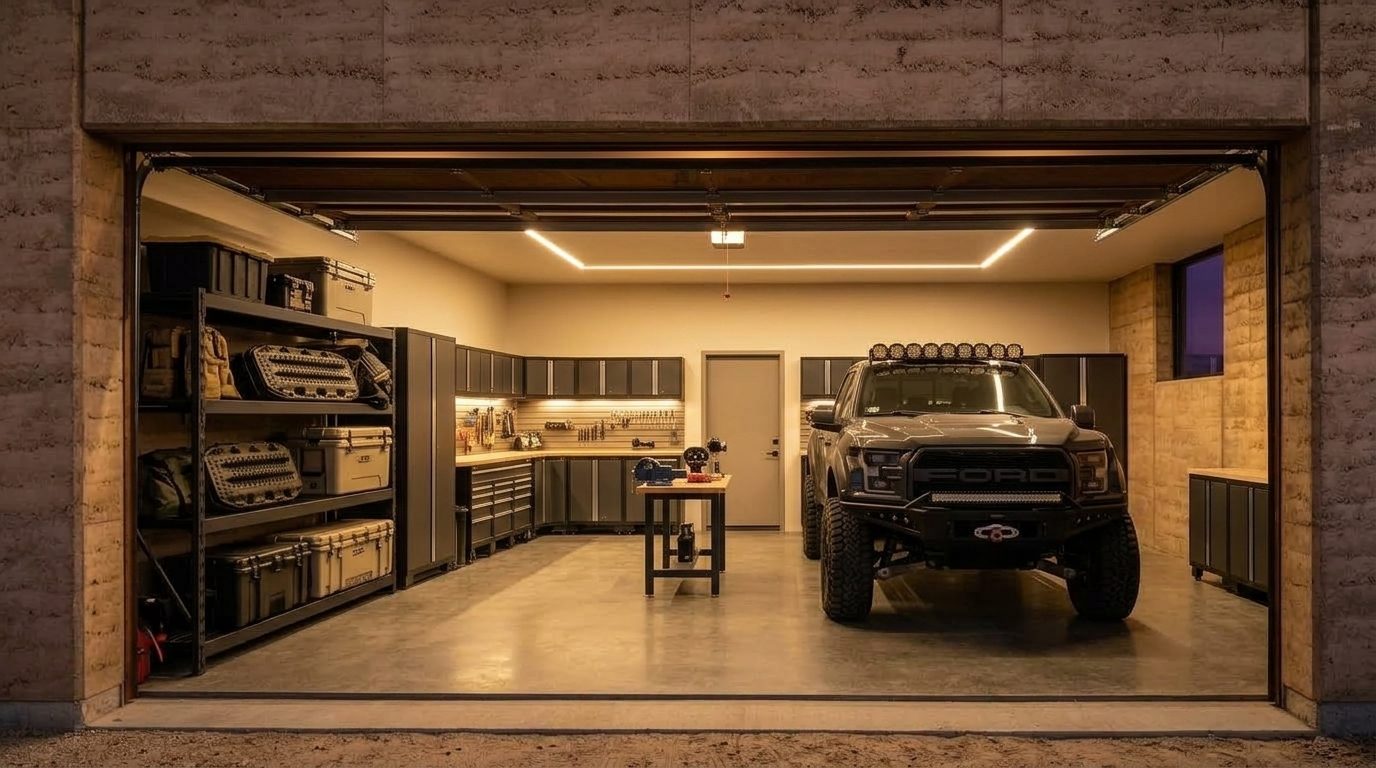 Andrews Garage Door Services Interior View of Custom Garage Door Overhead and Workshop